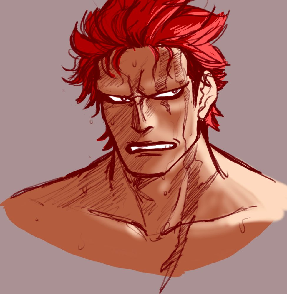 Headshot of a shirtless wet(?) eustass kid. He is grimacing as always