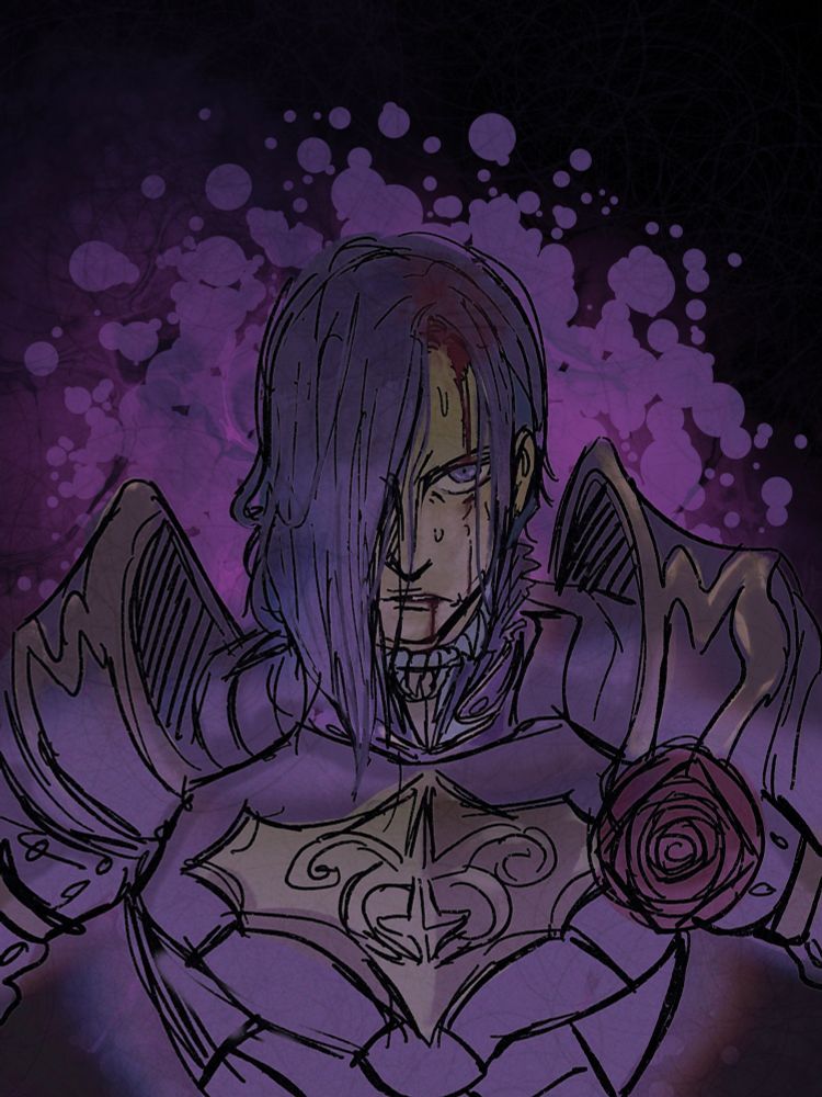 Colored sketch of timeskip design lorenz mid battle bleeding from his head and mouth , hair in disarray and surrounded purple bubbly magic. He looks serious.