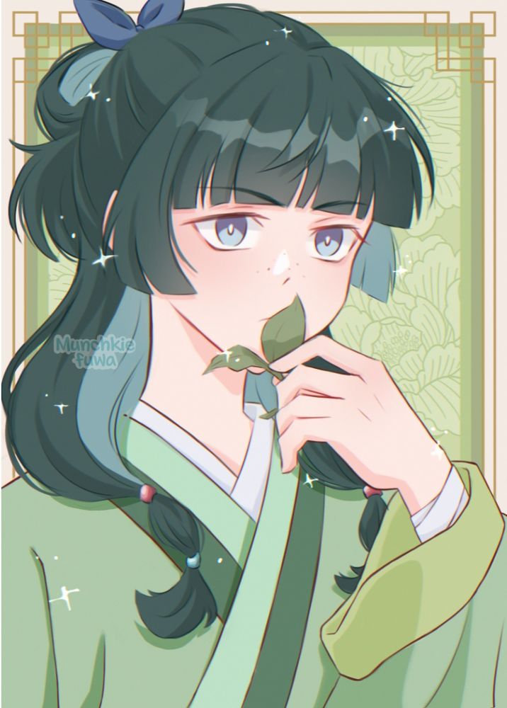 Illustration of MaoMao from The Apothecary Diaries holding a plant to her mouth. 