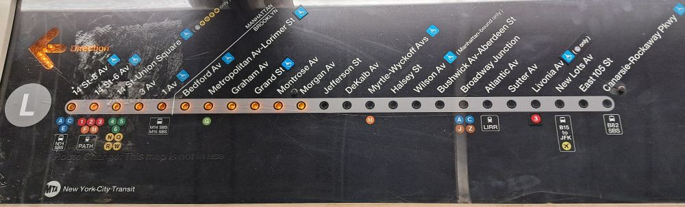 List of stops on the L line subway. each stop name is printed and has a little bulb on it to highlight which stops haven't been visited yet. The light for the current or upcoming stop blinks. 