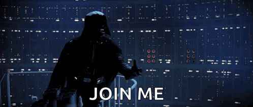 darth vader is standing in front of a wall with the words join me below him