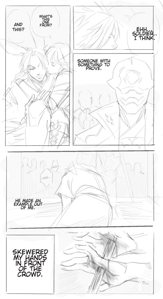 a forever wip comic showing how my wol Jackie received her two hand scars. the first panel is Lyse holding onto her from the side as Jackie looks at her hand.  

Lyse: “And this? What’s this one from?” 
Jackie: “Ehh… a soldier.. I think.” She says it with a little bit of doubt, she believed that the individual under the imperial helmet was a fellow doman. “…Someone with something to prove.” she continues. 
 
Jackie is on the floor, caught off guard, she is younger in this recount. She is panting in pain, probably winded, not expecting to have been struck. A crowd forms and looks at her, the soldier standing firmly in front of her. “He made an example out of me.” 

“…Skewered my hands in front of the crowd.” Both hands pierced by the same blade, pinning her into the floor. 