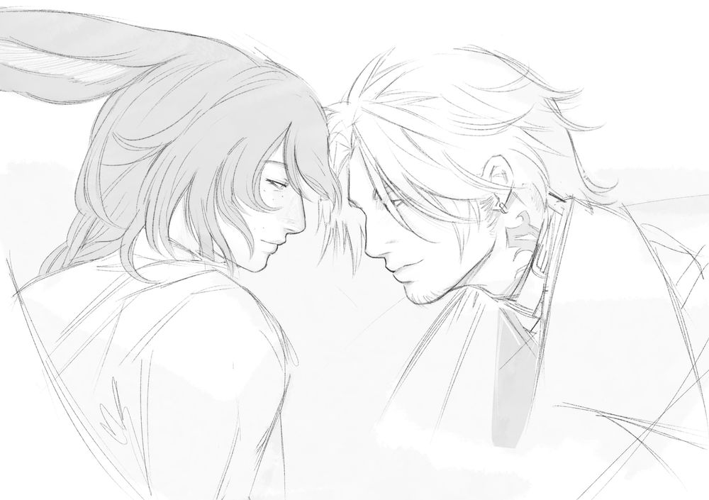 a sketch of a viera wol ( Reynir belongs to birdsnorezzz on twt and ig ) and Thancred. they face eachother with slight smiles