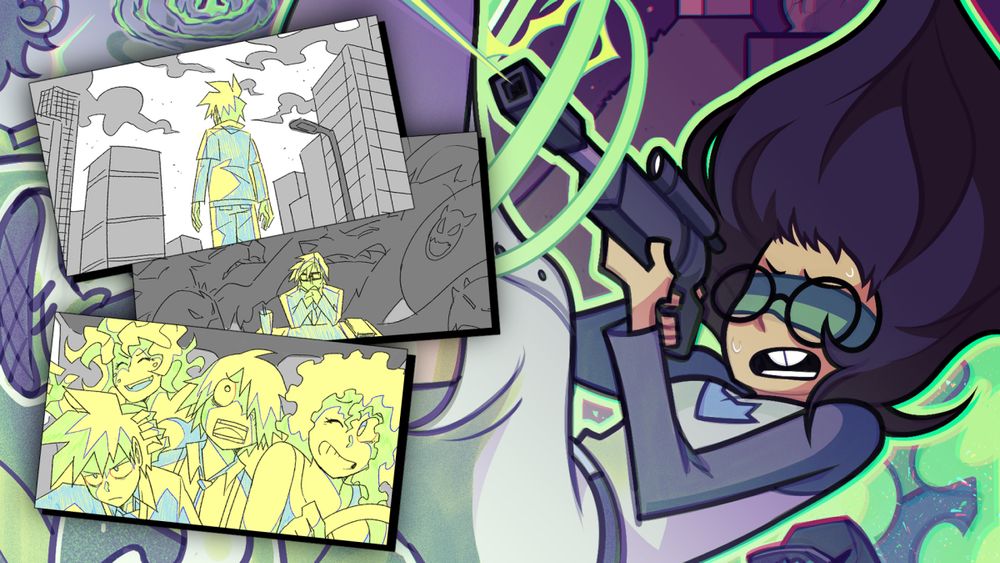 Three work-in-progress frames from a GTH animation project with a colorful illustration in the background, made by Pistashi