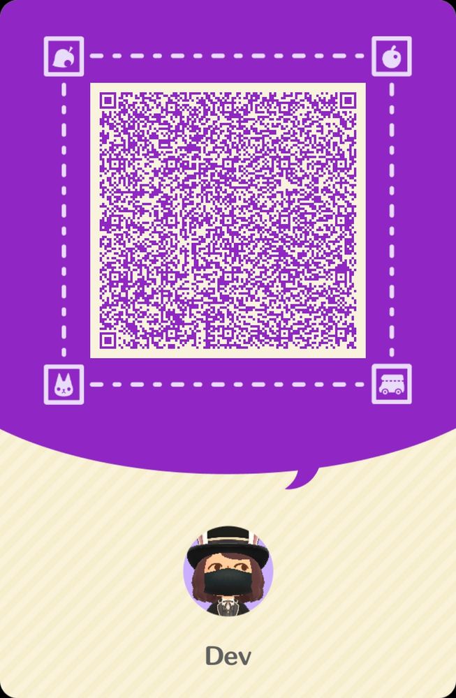A purple and cream qr code for animal crossing pocket camp, woth a head shot of my current "player" design with the name title of Dev.