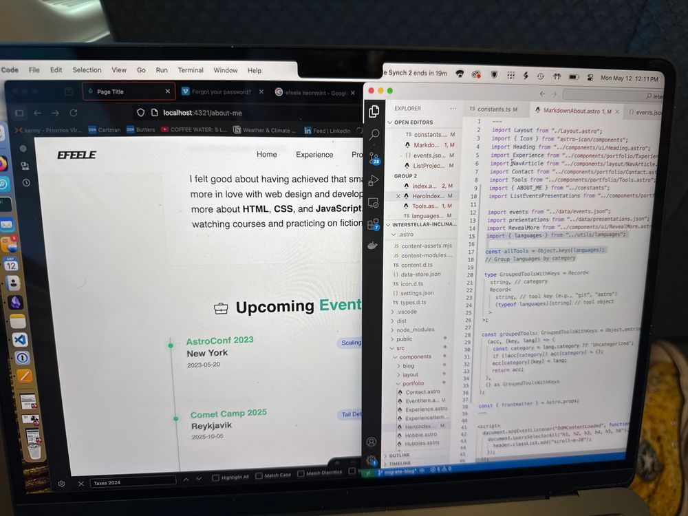 Two mac windows, one with a website preview and another with vs code showing code