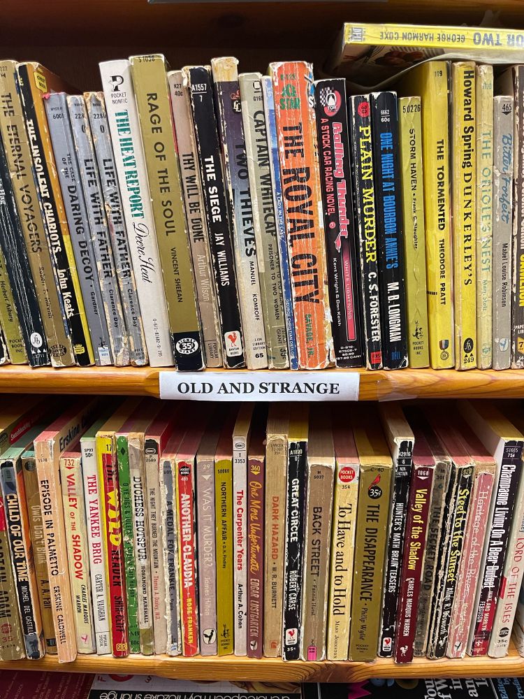 shelves of used books labeled OLD AND STRANGE