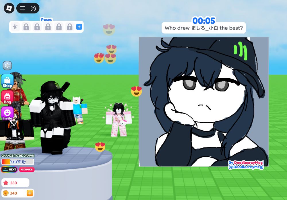 A screenshot of the Roblox game “draw me” with a girl in a monster can hat looking emo