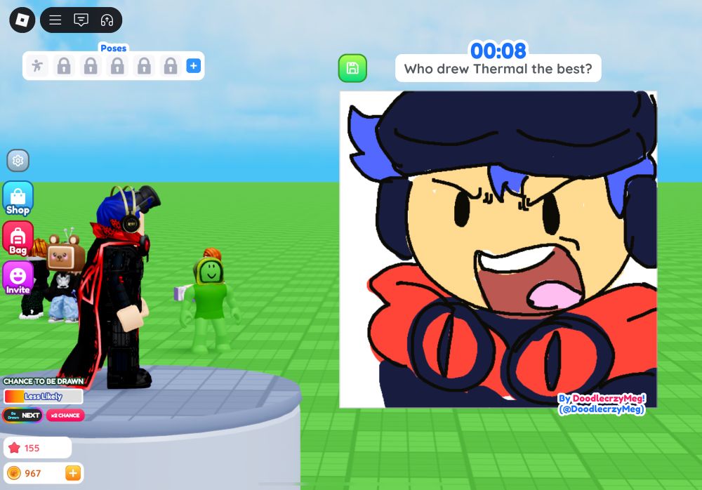 A screenshot of the Roblox game “draw me” with a guy with an angry face with goggles and a hood