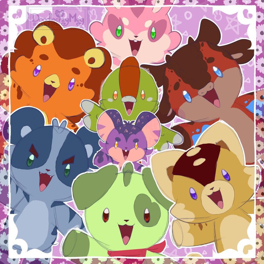A group headshot of my dinopet plush characters. Theres a lime green steggo dog, a yellow anklo cat, a blue bary bear, a red carno cow, an orange TriLeo, a pink raptor rabby, a green paratweet, and a purple T Rat 