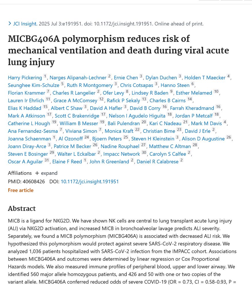 Screen shot of paper entitled "MICBG4064A polymorphism reduces risk of mechanical ventilation and death during viral acute lung injury." From JCI Insight publication.