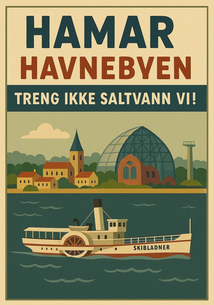 ChatGPT-prompt: Byen Hamar i Innlandet er hele Innlandets urbane hjerte, det er vår visjon. Mange av våre nabobyer mener at "alt havner i Hamar" - altså at Hamar er "havnebyen" :) Riktignok ligger Hamar ved Norges største innsjø Mjøsa, men byen har ikke mye til havn å skryte av. Kan du lage en reklameplakat, som promoterer Hamar på en litt humoristisk måte? Plakaten er tenkt på henges opp på ulike steder i nabobyene, inkludert Oslo.