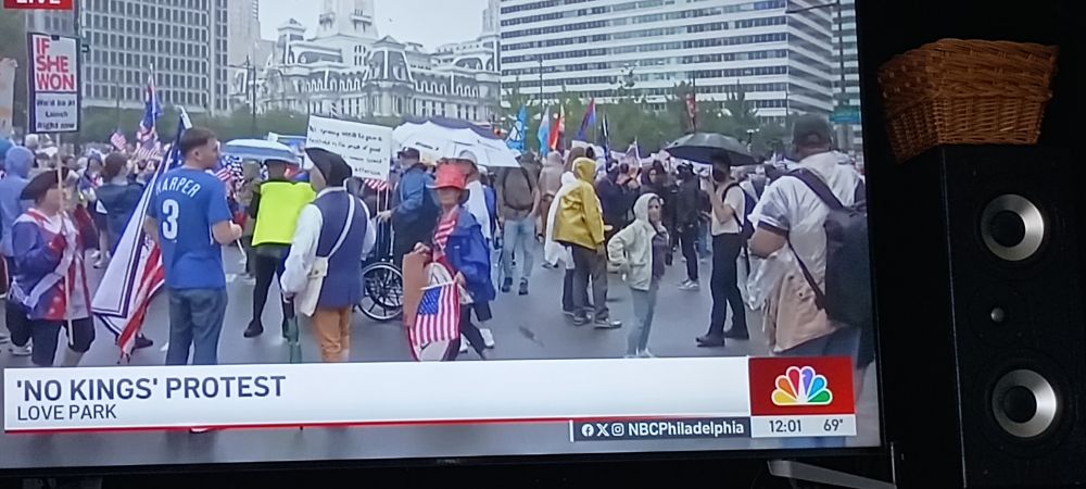 Philly No King's protest showing many US  flags