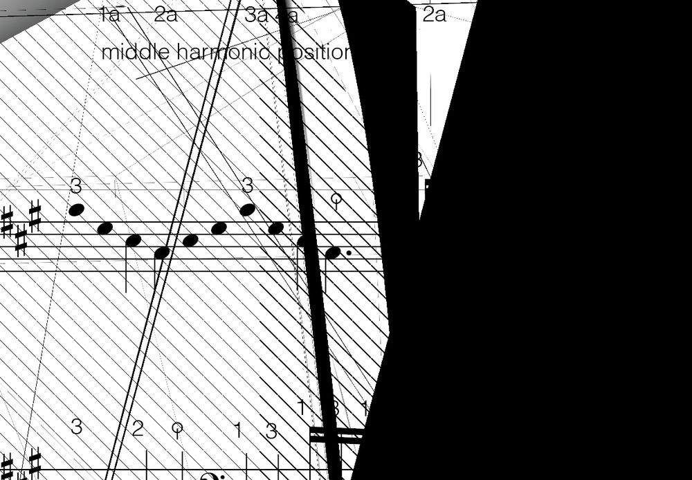 Glitched sheet music with large abstract black areas, cross hatched vertex lines, and notes.