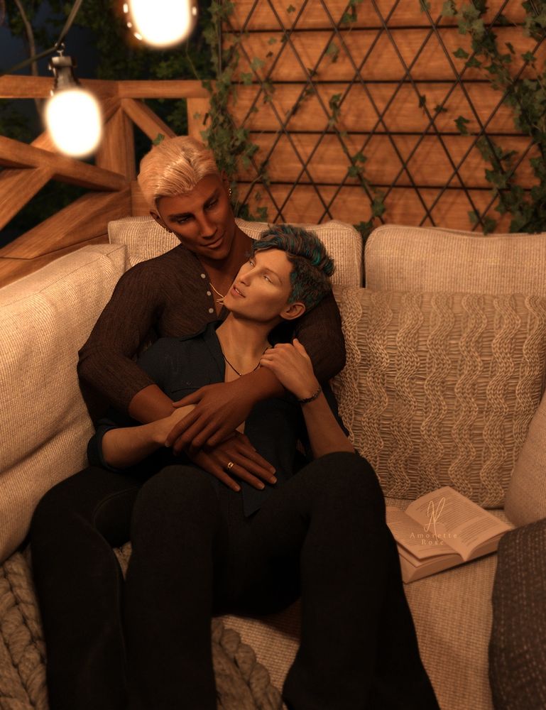 Older and taller dark-skinned blonde male gently holding a younger pale-skinned brunette male as they relax on a comfy balcony with warm lighting, looking at each other lovingly.