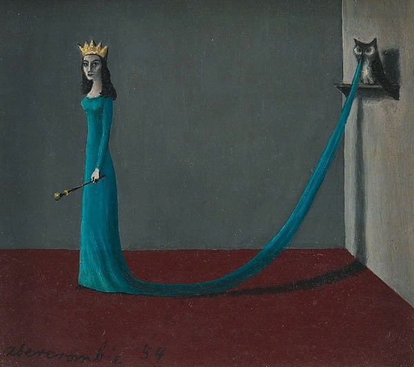An example of the surreal, enigmatic, dreamlike art of Gertrude Abercrombie. 'The Queen' depicts a woman with long dark hair, wearing a blue gown with a long train, and a crown. She carries a sceptre/wand. She is standing in a bare room with a dark red floor, her gaze turned towards us. Perched on a ledge behind her is an owl, who holds up the end of the train in its beak.
