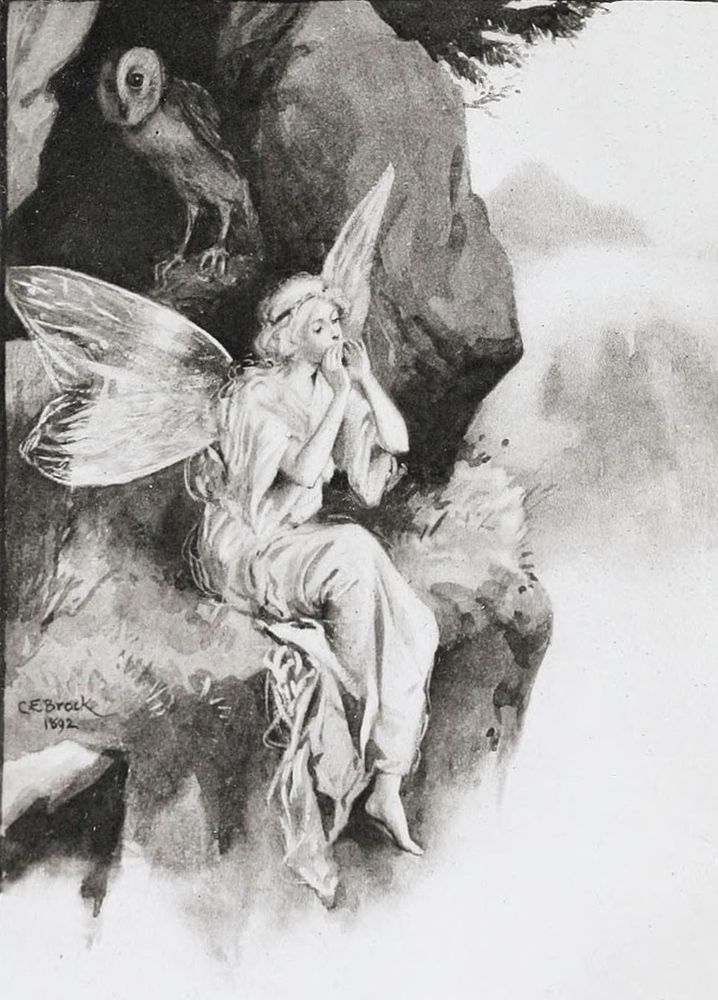 Illustration depicting a winged fairy in a long gown, sitting on a ledge in what looks to be a mountainous landscape. An owl perches on a ledge just above her. The fairy seems to be calling out, with her hands cupping her mouth.