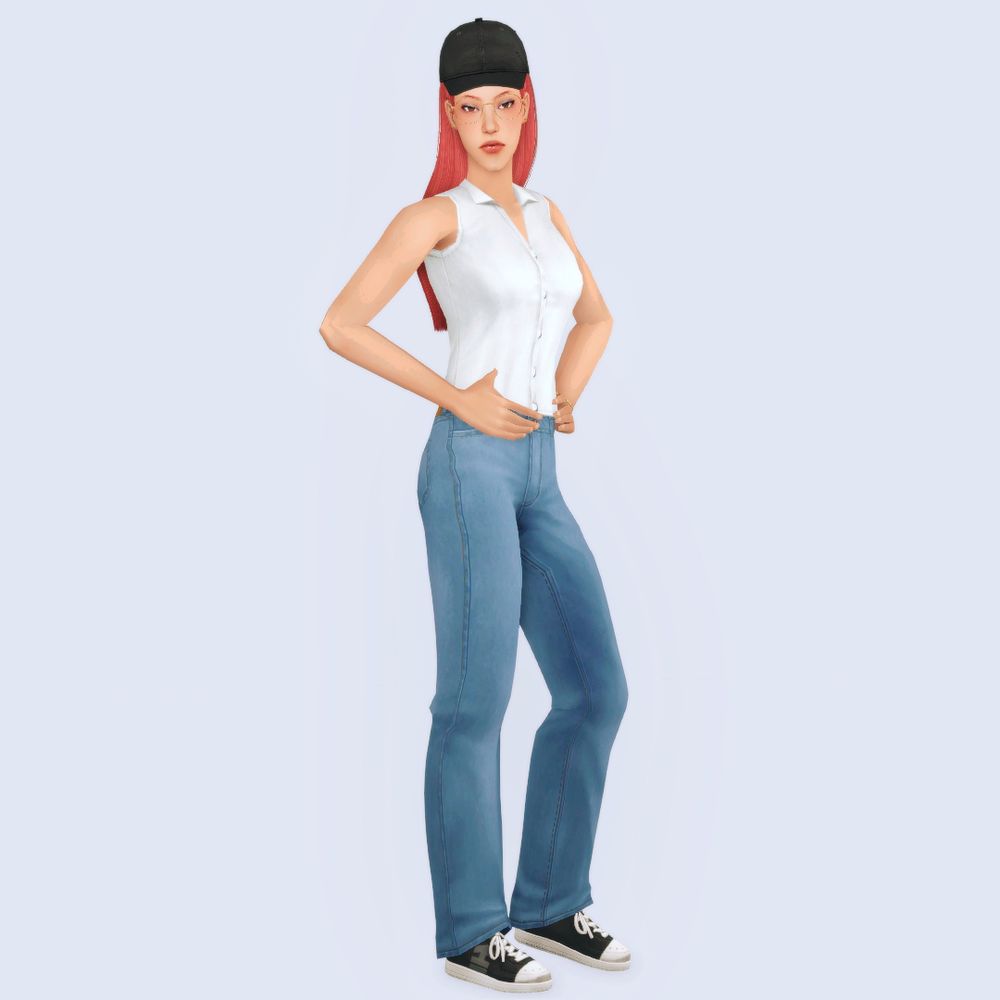 Mira from K-Pop Demon Hunters in The Sims 2 poses with arms akimbo. She wears a pair of bronze glasses, a white sleeveless shirt, a pair of blue jeans, and a pair of black and white sneakers. On her long pink hair, she puts on a black cap.