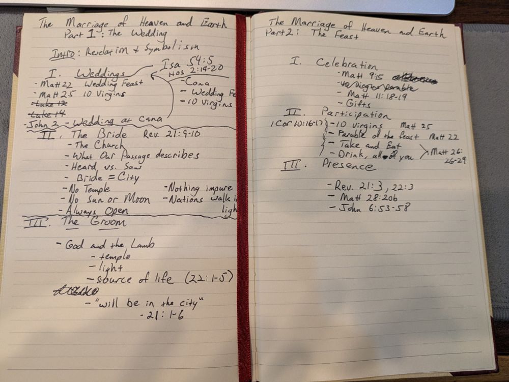 Two pages of handwritten notes in a journal, some more legible than others, including Bible verse references. Titles at the top of the pages read "the marriage of heaven and earth part 1: the wedding" and "the marriage of heaven and earth part 2: the feast"