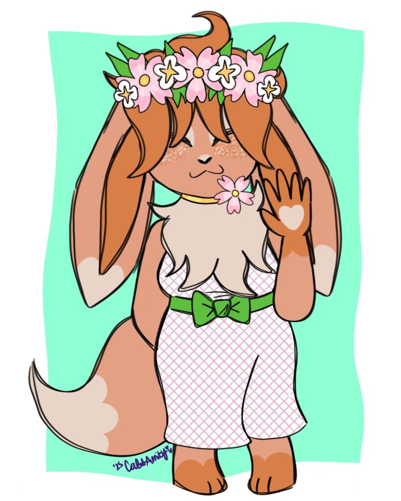 The same reddish-brown Eevee girl. She is wearing a pink and white dress with a green ribbon around the middle, a gold collar (with a pink flower on it), and a flower crown!