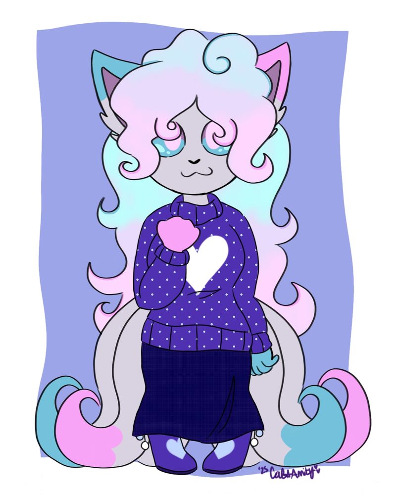 The same Alolan Vulpix girl, wearing a cute blue sweater, matching boots, and a navy plaid skirt.