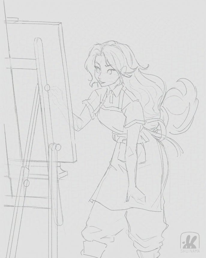 A digital sketch of Sienna painting in front of her canvas on an easel. She has long messy hair that is tied at the end to look like a paintbrush. 
