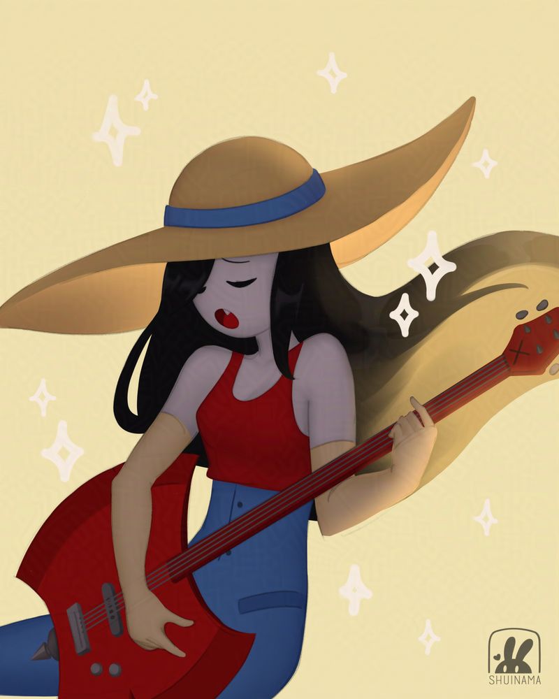 A digital artwork of Marceline from Adventure Time floating in the warm yellow evening sky singing and playing her guitar with her sun hat and long yellow gloves on to protect her from direct sunlight.