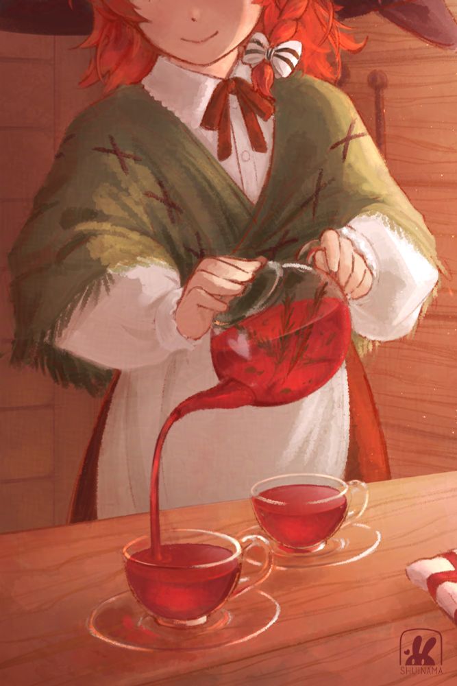 Aria pouring Irish black tea from a translucent glass teapot to two glass teacups in the morning. Aria is a witch with medium red hair and a white ribbon on one section of braided hair, wears a big witch hat, green shawl over her white long sleeved shirt with a brown ribbon on the collar and brown skirt with white half apron over it.
