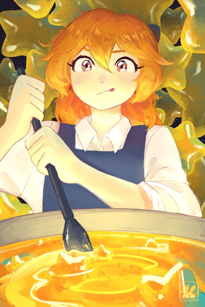 Mira stirring the pot with a spatula as she cooks star jam (literally jam made with fallen stars).