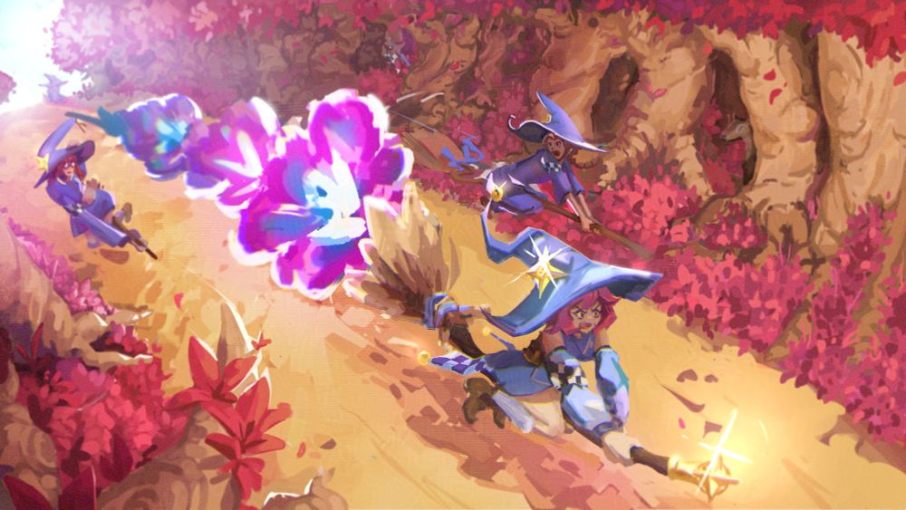 A witch blasting past the other witches on her broom with magical explosions to gain a lead in the race through the forest.