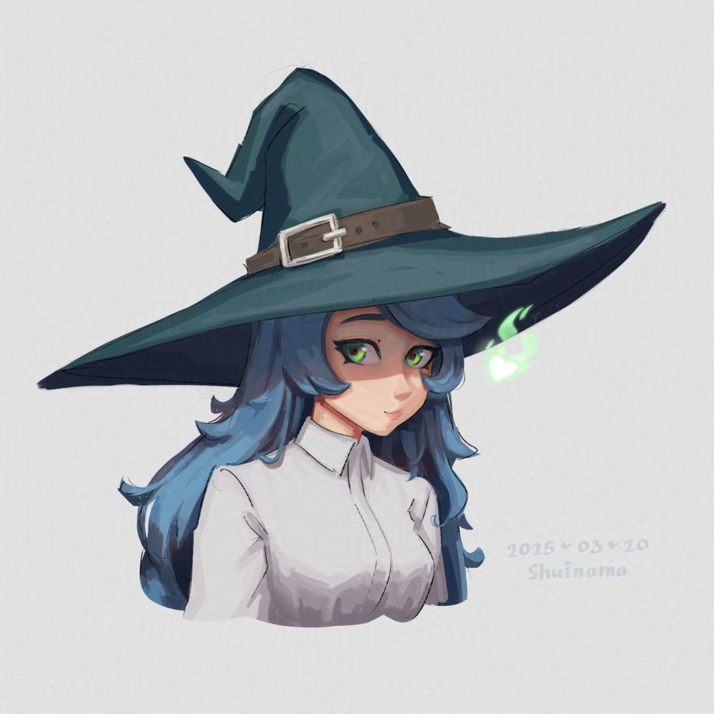 Digital portrait sketch of Ganyieda, a witch girl with blue and slightly messy hair, green eyes and hat, and white shirt looking to the side towards you with a green heart next to her face. Half of her face is covered in a light shadow cast by her big hat.