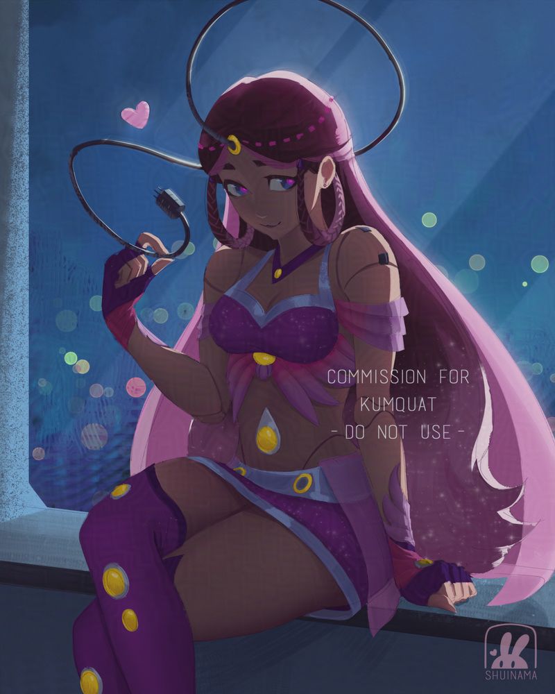 Christine, a robot girl sitting in front of a large window with a smile towards you while she fidgets with her cable and the moonlight shining behind her. She has brown skin and hair, and has a long cable with a plug that comes out of her forehead like an antenna.