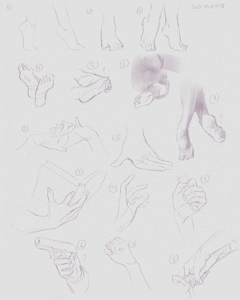 A page full of hands and feet sketches drawn from reference.