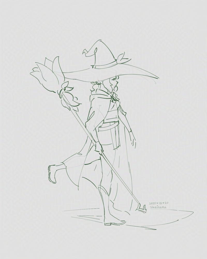 A fullbody sketch of Rin walking in a witch attire(witch hat and robe) while holding her broom.
