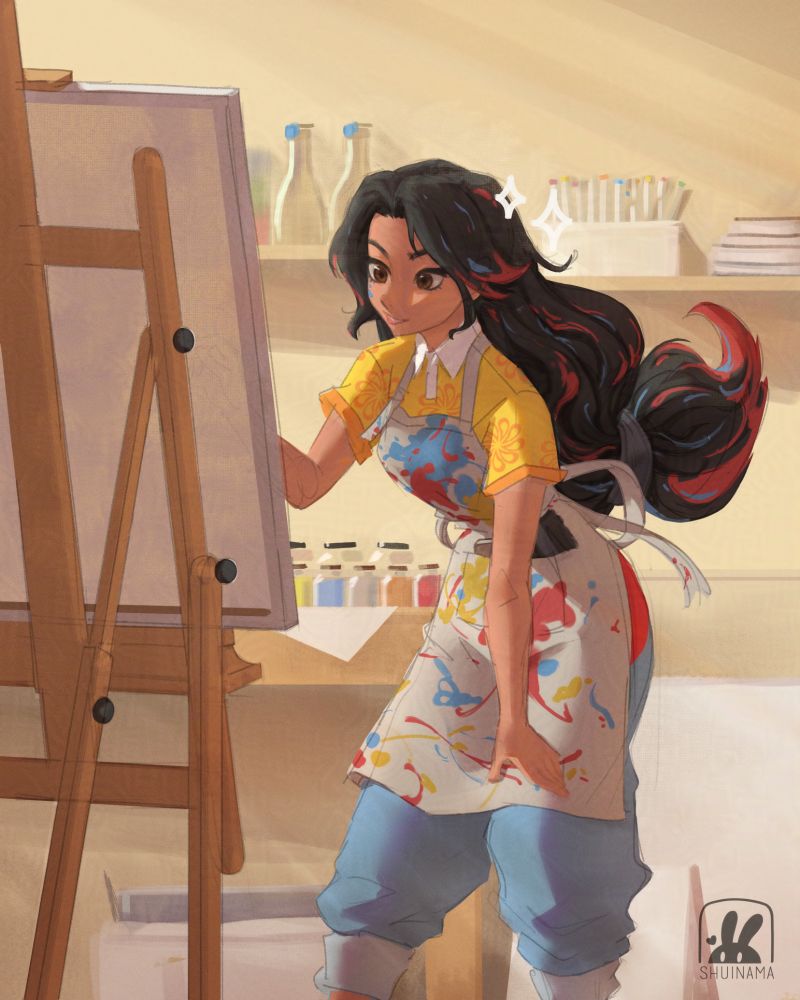 A digital artwork of Sienna painting in front of her canvas on an easel in a warm sunlit room. She has dark skin and long messy black hair that is tied at the end to look like a paintbrush. She's overall very messy with various paint splatters all over her clothes.