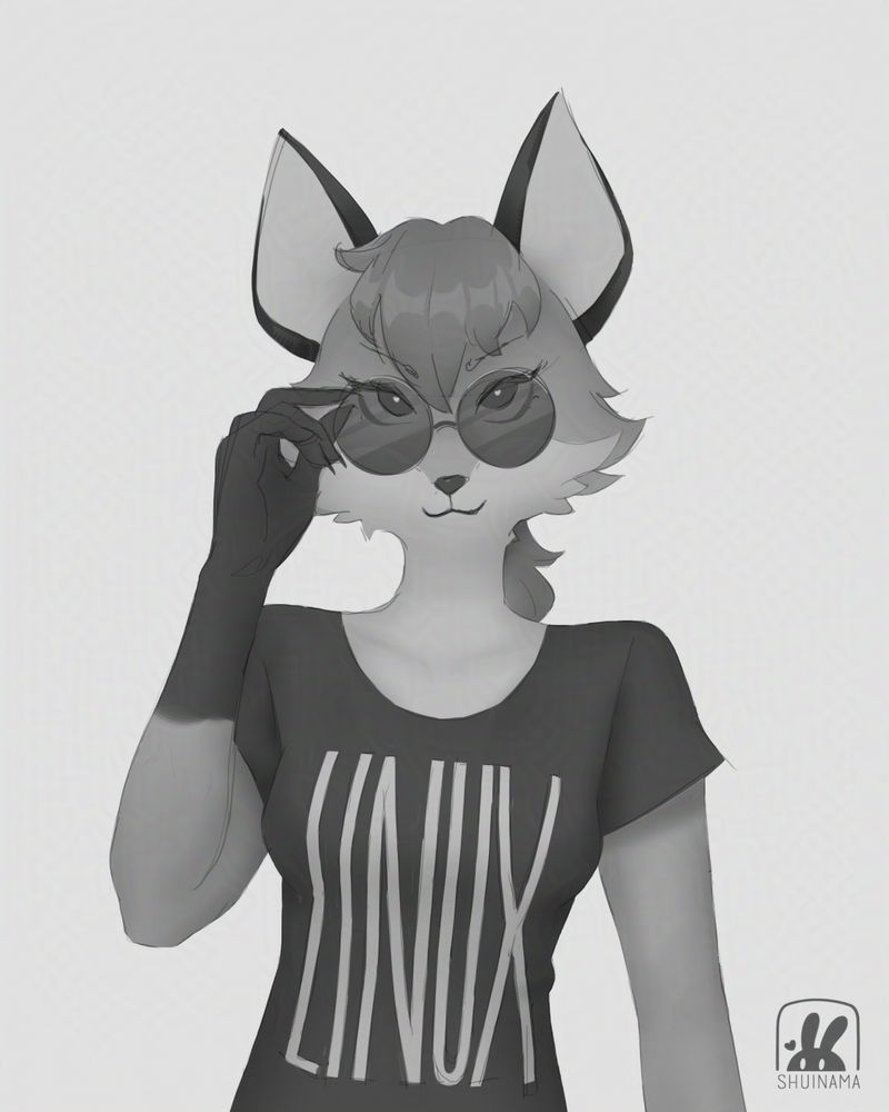 A grayscale sketch of Xenia, who is a Linux fox furry mascot. She's a red fox with brown hair in a ponytail, wears a black shirt with the word linux, and is tipping down her shades as she looks at you.