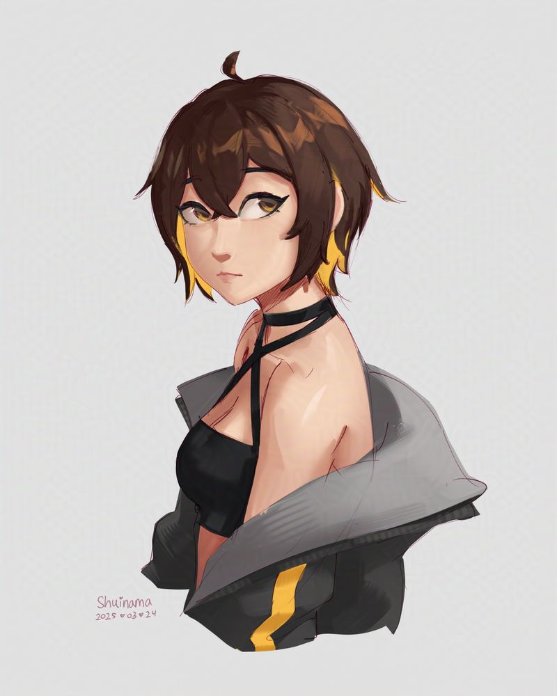 A bust up digital portrait of Ying's OC Mireille with her body facing the left and her looking to the side towards the right. She has sharp brown eyes, short brown hair with yellow inner color, and wears a black bra top with a big gray jacket over her shoulders.