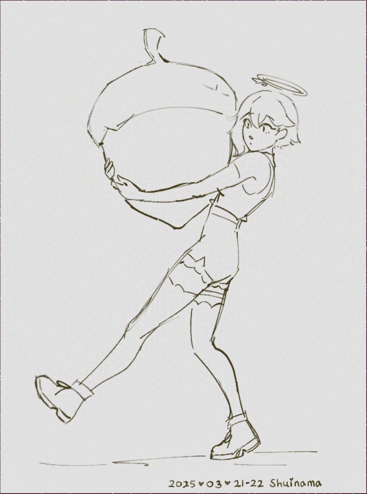 a full body digital sketch of my angel persona walking to the side while carrying or hugging a giant acorn. 

She has short hair with a cracked halo. And wears a shoulderless top with shorts, along with long gloves and thigh high socks, and shoes.