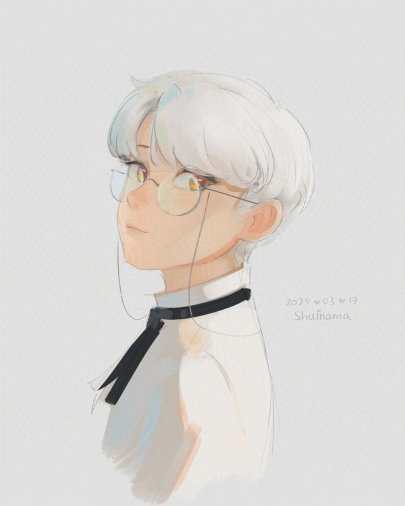 A colored portait of Vicsan's OC with his body sideways and back facing the light as he looks to the side towards you. He has short white hair with golden eyes and wears round glasses and a white shirt with a black ribbon/tie.