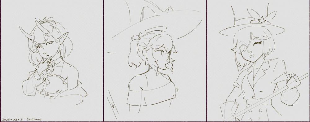 digital portrait sketches of three of my OCs, a not yet named demon girl with a serious expression, a witch named yui blowing a bubblegum, and puffie holding her giant hammer with a wink and smile.