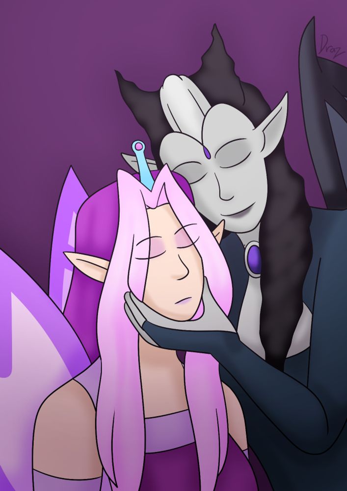 A drawing of Queen Fyora and Drakara from Neopets. Drakara is holding Fyora's head by the chin and resting her head against Fyoras. Their eyes are both closed. Fyora's expression is neutral while Drakara's is a smile.