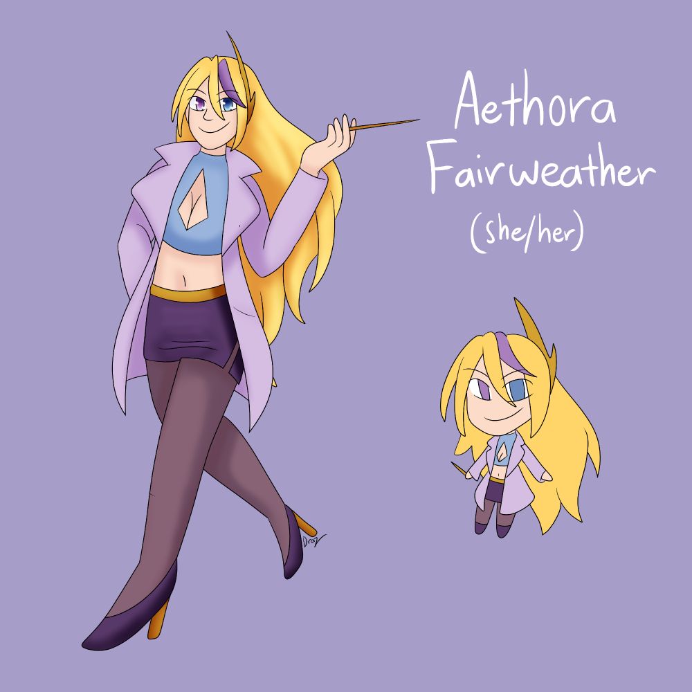 A simple character sheet for a character named Aethora Fairweather (she/her). She has heterochromia, one of her eyes is purple while the other is blue. She has long blonde hair with a single purple streak. A golden headpiece reminiscent of a lightning bolt is tucked behind her ear. She is wearing a long lavender coat over a blue halter crop top which has a diamond shaped boob window. She is wearing a dark purple mini skirt with a golden belt over some tights. She is wearing dark purple high heels with golden heels. She has a golden wand in her hand.