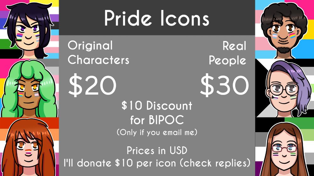 A commission graphic for Pride Icons. Text in the middle repeats the same information that the post does. Three icons depicting original characters are on the left, and three icons depicting real people are on the right. These icons are headshots with pride flags behind them, as well as pride flag facepaint.