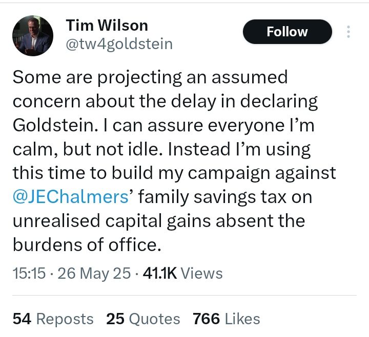 Wilson gaslighting the electorate with airs of grandeur.  Whilst declaring he's calm waiting for the final count, he's enthusiastically preparing to shred the treasurers superannuation changes.