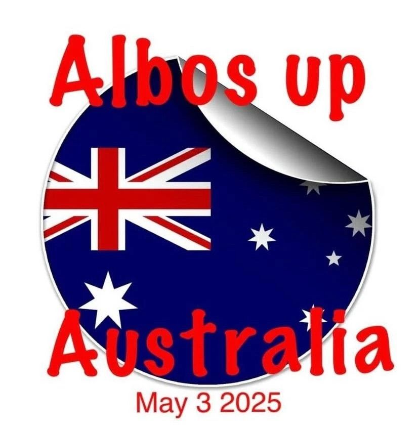 Australian flag slightly peeled back with the text "Albos Up Australia"