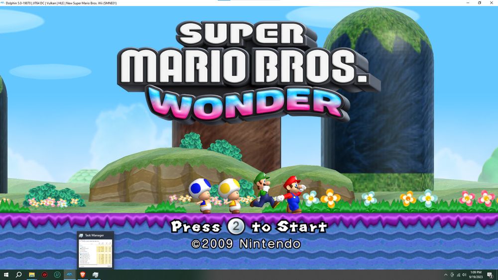 A screenshot of the title screen of New Super Mario Bros. Wii running in the Dolphin emulator. The logo has been replaced with a stretched Super Mario Bros. Wonder logo and the ground has been recolored to purple and blue.