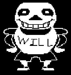 An edited sprite of Sans from Undertale. He is shown to be slightly larger, wearing shorter shorts and what appears to be a chestplate with the word "WILL" on it.