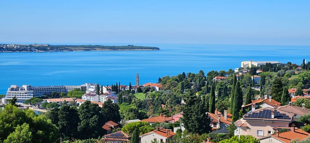 Sea, houses, cypresses in the foreground