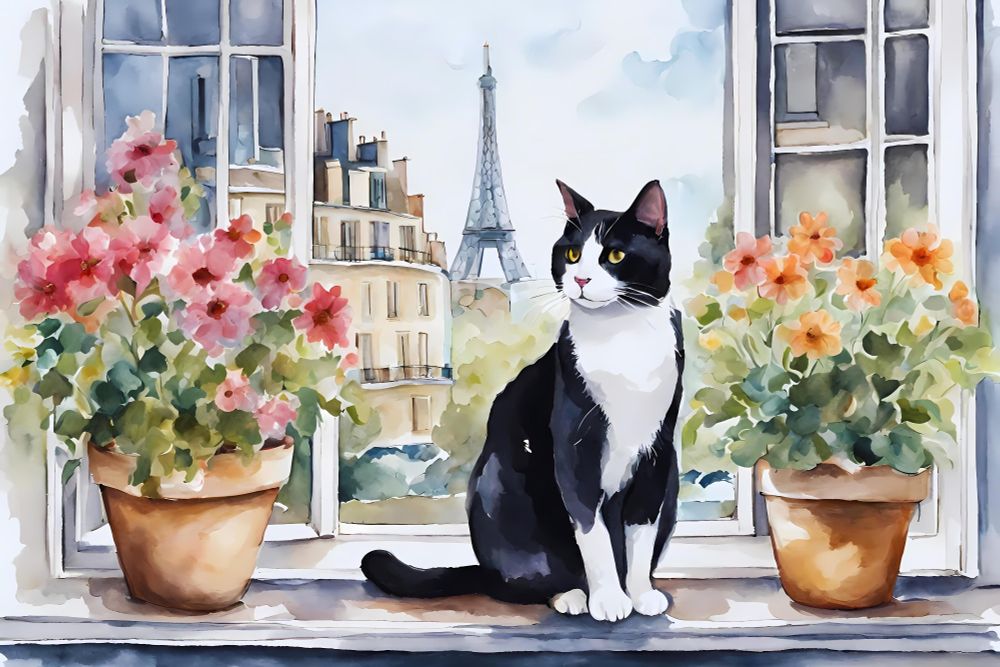 Artwork depicting a tuxedo cat sitting on a window sill with flowers and the Eiffel Tower looming in the background