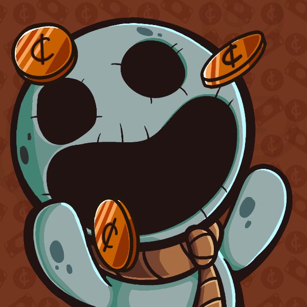 Greed from Binding of Isaac. He's excitedly tossing pennies into the air.